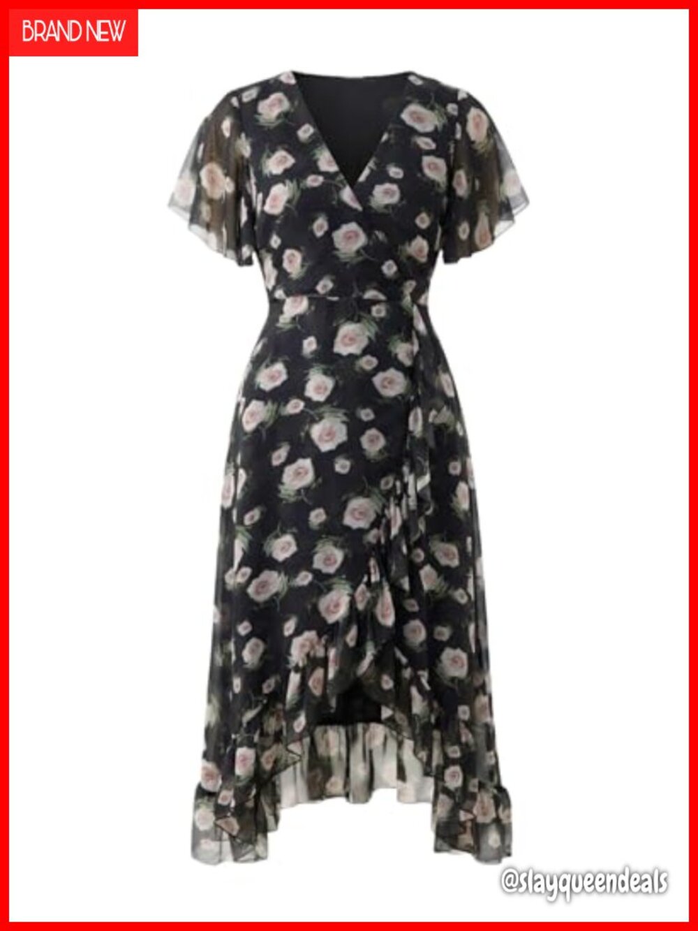 Women's Ruffle Wrap V Neck Chiffon Cocktail Midi Dress